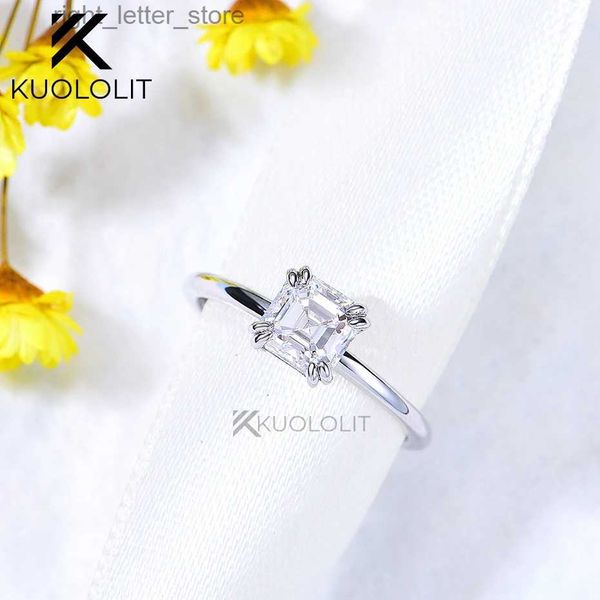 Anel de moissanite com pedras laterais Kuololit Asscher Cut para mulheres sólido 14K 10K ouro branco com pontas duplas anel solitário para noivado Natal YQ231209