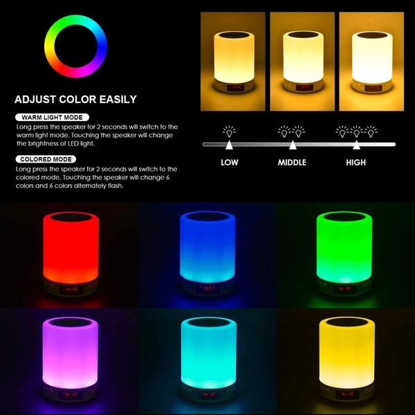 Lâmpada de cabeceira portátil luz noturna bluetooth alto-falante música cartão tf rádio fm despertador luz digital led multicolorido alto-falante externo luz presentes de aniversário