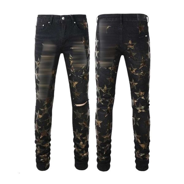 Jeans firmati Amirs Jeans da uomo di alta qualità Jeans skinny neri per pantaloni da uomo in denim Pantaloni da motociclista in vernice grigia Pantaloni ricamati slim fit