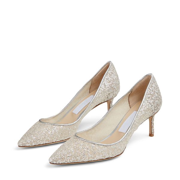 Sandálias femininas da moda Trendy Romy 60 - 85 mm Bombas MULES EM TULLE GLITTELED Itália Classic Classic Ponto Designer Designer de Luxo Casamento Sandália High Box UE 35-43