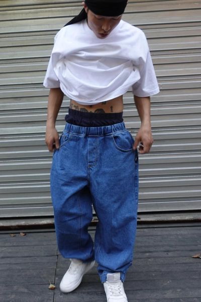 Fatos masculinos hip hop versão americana de lavagem solta pura luz azul jeans reta perna gordura para homens e mulheres