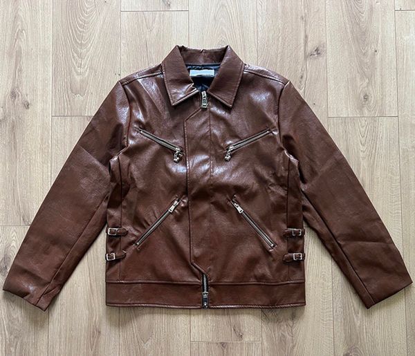 Ue elegante masculino zíper marrom vintage óleo couro motocicleta jaqueta gola lapela casual casaco à prova de vento 23fw