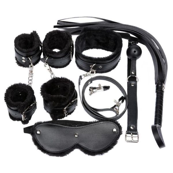 Set di costumi da donna 7 pezzi Set sexy in pelle PU peluche Fetish Bondage sessuale biancheria intima erotica con manette morsetti per capezzoli bavaglio Whip222i