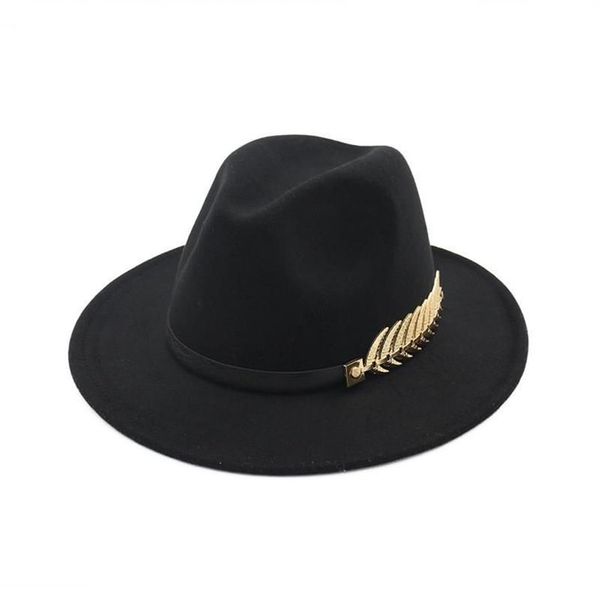 Cappello Fedora da uomo per donna Top in lana stile britannico Foglia oro Piuma Jazz Goth Cappelli Designer Wedding Tesa larga2084