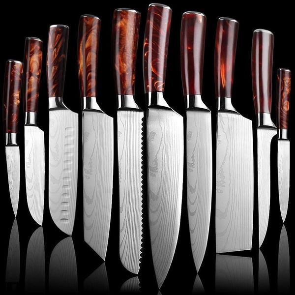 Novo conjunto de facas de cozinha japonesas com cabo vermelho, facas de cozinha japonesas, padrão eamascus, afiado, cutelo santoku, utilitário de corte, boni224h