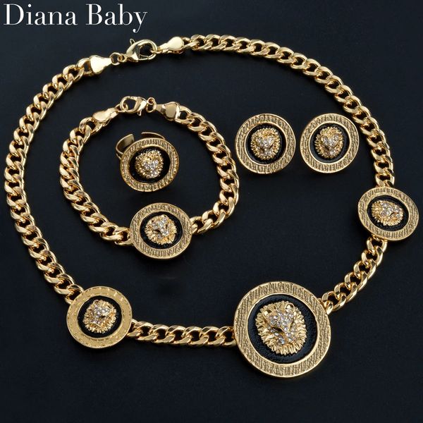 Hochzeit Schmuck Sets Dubai Afrikanischer Löwe Set 18 Karat Gold Farbe Zirkon Emaille Gliederkette Halskette Armband Ruond Ring Ohrringe Party Geschenk 231208