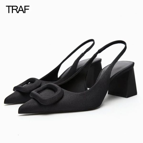 Туфли TRAF, женские туфли на высоком каблуке, офисные туфли на каблуке с открытой пяткой, летние женские туфли-лодочки, свадебные современные черные туфли-пуанты на массивном каблуке 231208