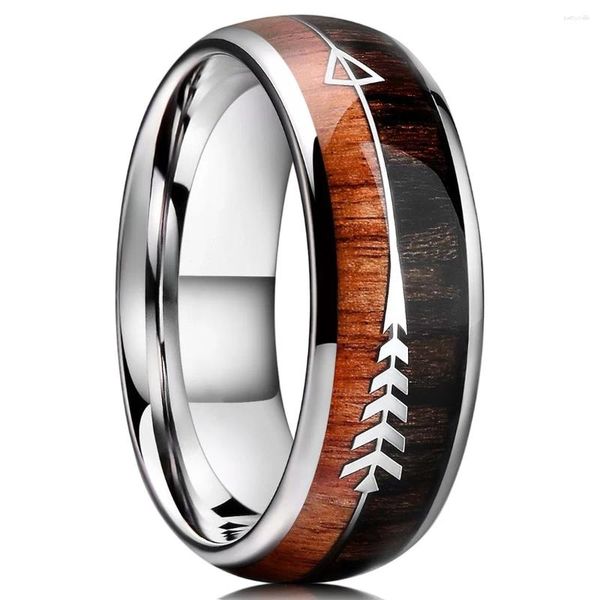 Anéis de cluster 8mm bandas de casamento de carboneto de tungstênio para homens mulheres natureza koa madeira seta inlay anel de noivado boho jóias de aço inoxidável