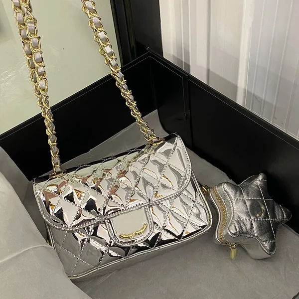 2in1 parlak kadınlar tasarımcısı klasik kanat çantası yıldız para çantası patentli deri altın metal donanım 19cm altın/gümüş akşam çantaları lüks çapraz vücut omuz çanta