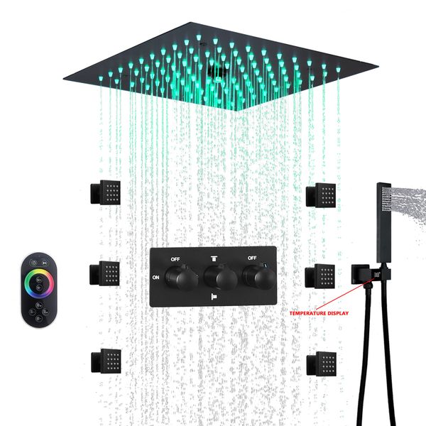 Preto fosco led sistema de chuveiro montado no teto 12 Polegada névoa e chuva chuveiro do banheiro conjunto torneira do chuveiro frio e quente