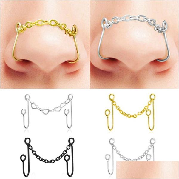 Anelli per naso Borchie Anello in acciaio inossidabile Gioco di parole Catena di metallo Gioielli penetranti Elegante Semplice Tutto-fiammifero Clip finta Polsino Accessori per il corpo Goccia Dh8Wo