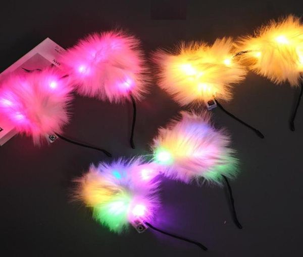 Flash Cat Fox Orecchie di pelliccia lunghe Fascia Cappello da festa Costume cosplay Glowing Hairband Led Peluche Cerchio per capelli Copricapo per donna Ragazza White5245573