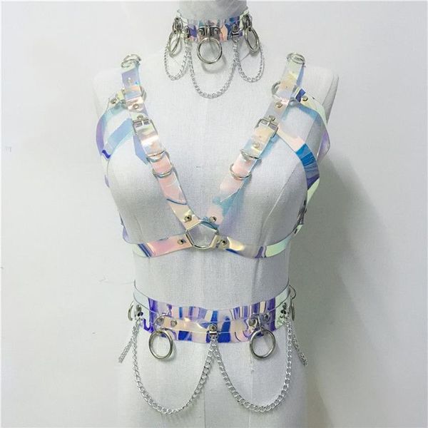 Trajes sexy gótico artesanal holográfico pvc 3 peças conjunto feminino colar gargantilha sexy colheita superior link corrente cinto rave festival ma283l