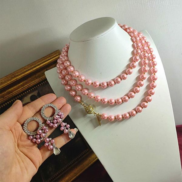 Baumelnde Ohrringe, Vintage, trendige Magnetschnalle, rosa glasierte Perlenkette für Damen und Mädchen, Halsband, Eardrop-Schmuckset