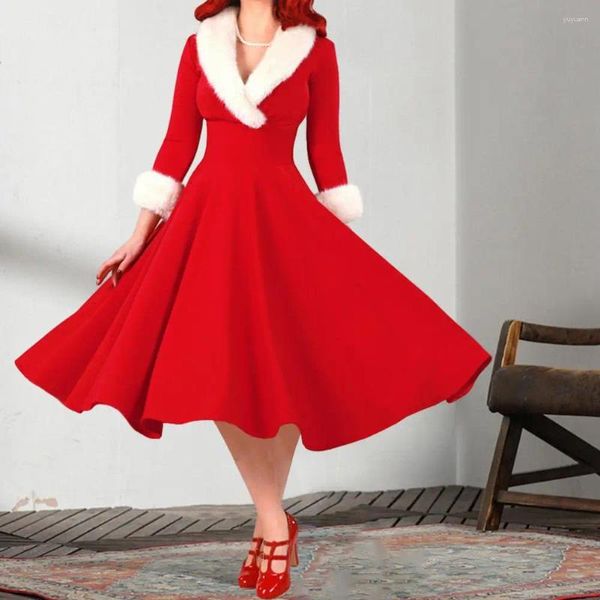 Vestidos informales Vestido de una línea vintage Elegante estilo princesa Noche de fiesta de encaje con dobladillo de piel sintética Cintura ajustada para otoño invierno Mujer Midi