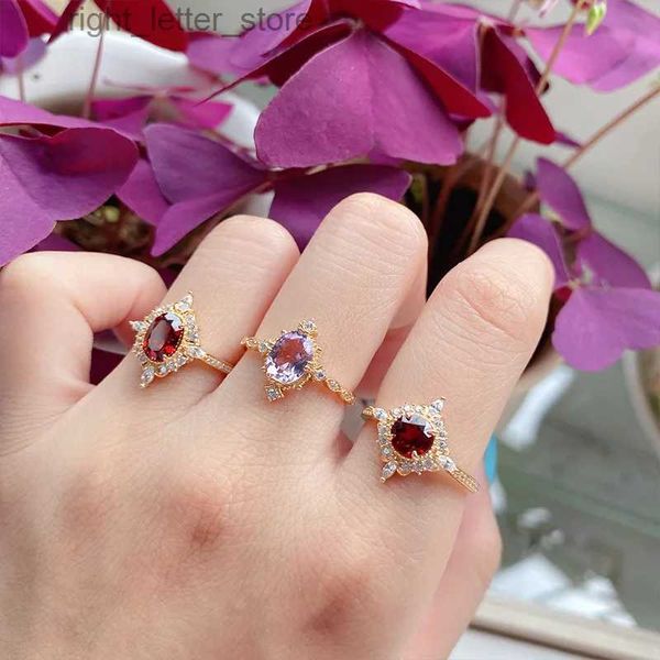 Yan taşlarla Lamoon Halkaları Kadınlar İçin Düğün Aksesuar Vintage Doğal Garnet Yüzük 925 STERLING Gümüş K Altın Kaplama Bijoux İnce Takı RI182 YQ231209