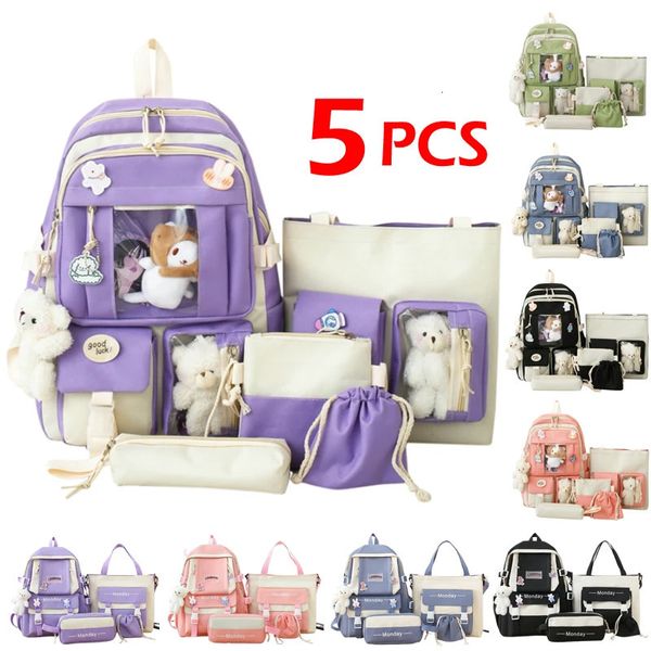 Schultaschen 5 Stück Sets Harajuku Kawaii Kinderrucksack Niedliche Damen Bagpack Büchertasche Laptoptasche für Teenager Mädchen Rucksack Studenten 231208