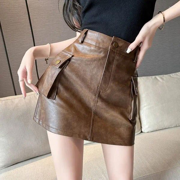 Röcke Trendy PU Leder Hohe Taille Mini Cargo Rock Für Frauen Bodycon 2023 Frühling Sexy Mädchen Mit Futter Chic Taschen braun Schwarz