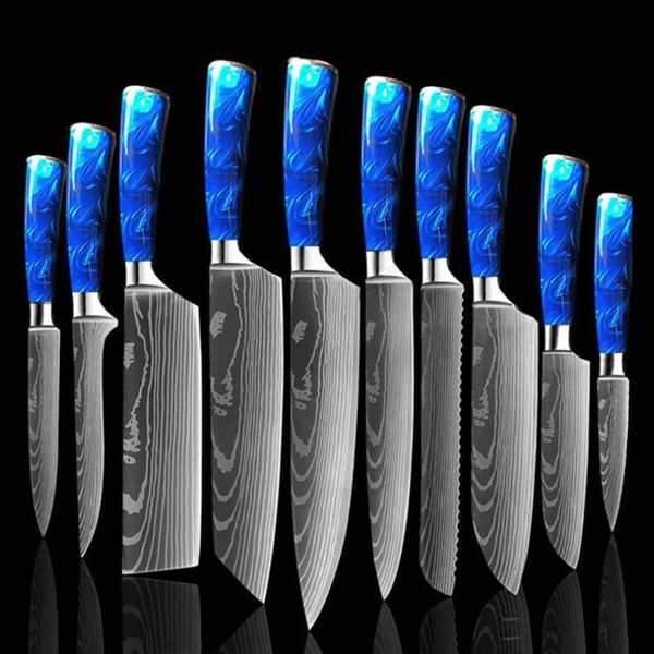 Conjunto de cozinha lnife 10 peças chef lnife profissional japonês 7cr17 aço inoxidável laser eamascus lnife afiada santoku resina azul h311g