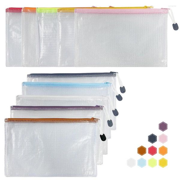 Pastas 10pcs Malha Zipper Bolsa Documento Saco À Prova D 'Água Zip Arquivo Pastas A4 A5 A6 Escola Material de Escritório Lápis Caso Sacos de Armazenamento