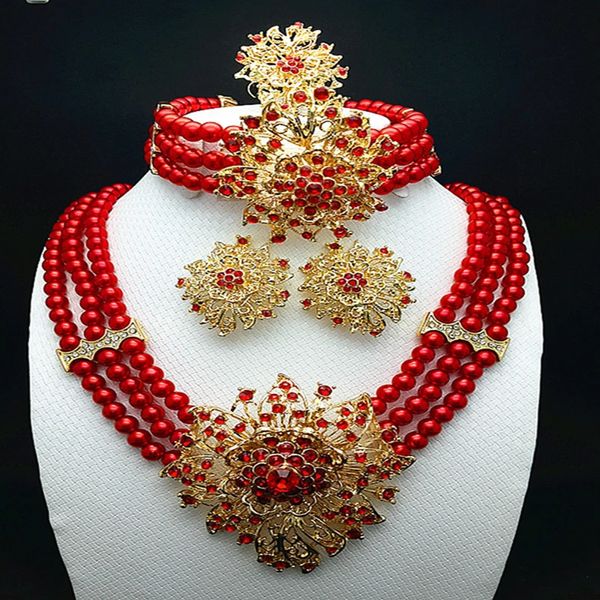 Conjuntos de joias de casamento Longqu Entrega em 7 dias US Dubai Conjuntos de joias coloridas Colar de contas africanas Festa de casamento nigeriana Design de contas vermelhas Irmãs gifrs 231208
