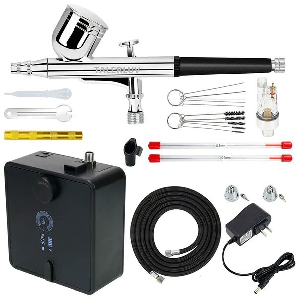 Airbrush-Tattoo-Zubehör, wiederaufladbares Kit, Dual-Action-Pistole mit Batterieanzeige, PSI-Display für Make-up, Nagelmalerei, Kuchen, Friseurschuhe, 231208