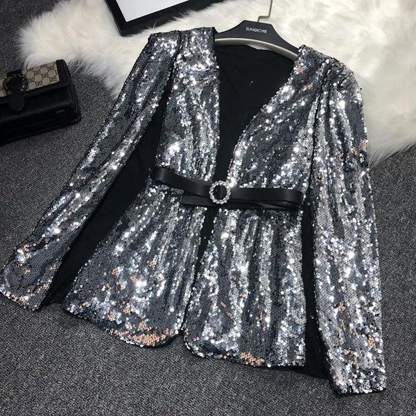 Kadınlar Suit Sequin Blazers Ceket Altın Bling Sier Siyah Kadınlar Uzun Kollu Zarif Takım Kaplama Gece Kulübü Glitter Shiny Punk Outwear