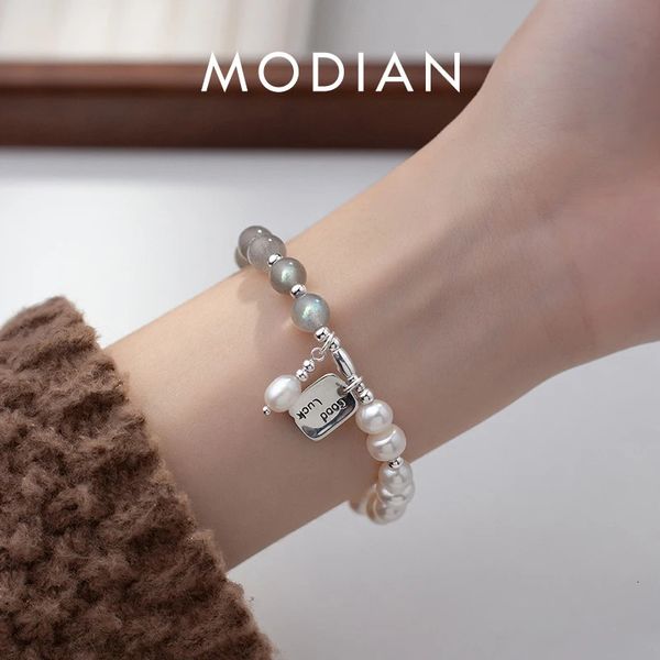 Perlen MODIAN 925 Sterling Silber Mondstein und Perle Glücksanhänger Armbänder Platinierte Gliederkette Armband für Damen Schmuck 231208