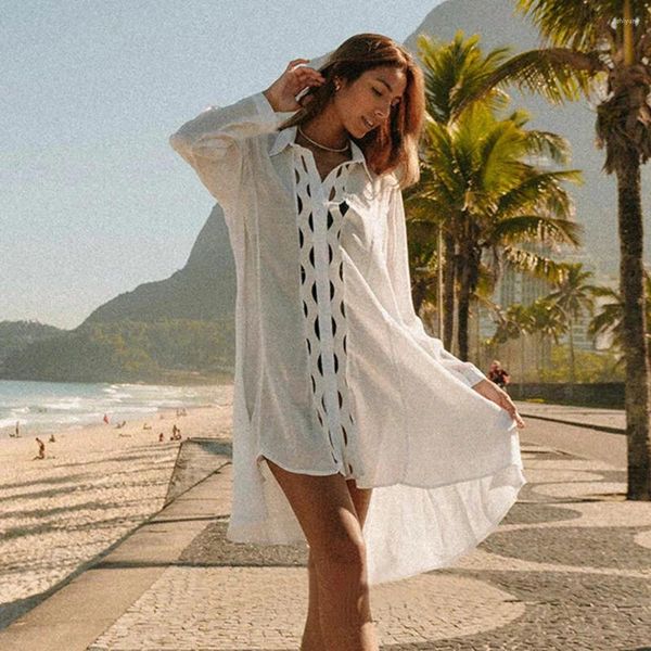 Mulheres Swimwear 2023 Bikini Cover-Ups Sexy Strappy Vestido de Verão Branco Lace Algodão Túnica Mulheres Beach Wear Hollow Swim Suit Cover Up Out