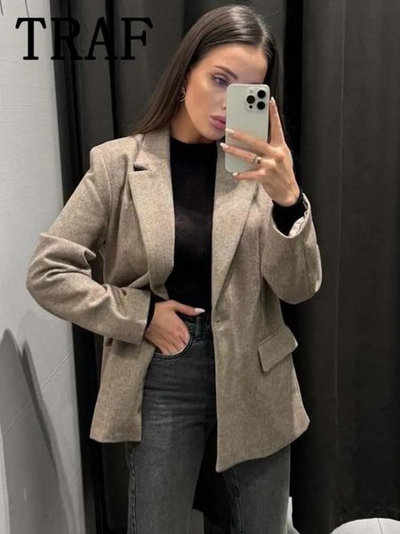 Ternos femininos blazers traf reto longo blazer para mulheres sarja escritório blazer mulher manga longa botão jaqueta feminina ombro acolchoado blazers 231208