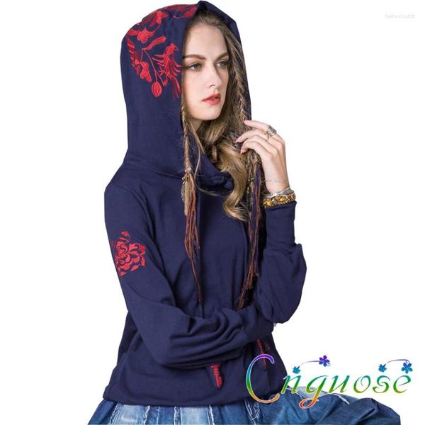 Damen Hoodies Kleidung Angebot 2023 Frühling lässig Vintage Stickerei langärmelige gestrickte dunkelblaue Kapuzenpulloverjacke