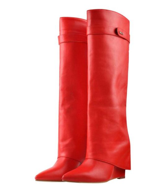 2023 Novas botas de bico fino cano grande cano reto fivela de metal botas de cano médio longo saltos grandes calças botas de perna botas femininas tamanho grande 44