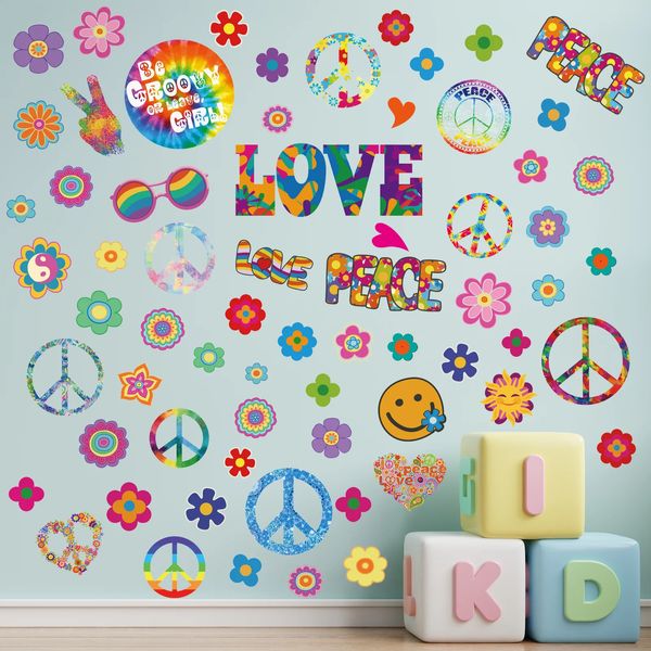 Adesivi murali Adesivi per feste a tema Hippie anni '60 94 pezzi Adesivi per auto con fiori hippie per bambini Decalcomania colorata con segno di pace per parete/finestra 231208