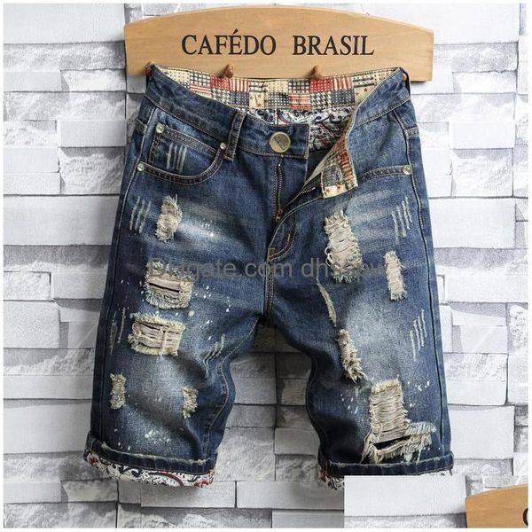 Jeans masculinos homens moda shorts homens buraco personalidade verão estilo coreano rasgado jean para calça slim motocicleta calças justas entrega de gota um dhlch