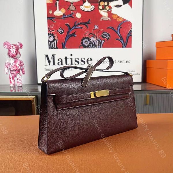 2024 Vollständig handgefertigte Umhängetasche, klassische Clutch-Tasche, Designer-Elan-Tasche, 27 cm, mit französischem Original-Chever-Leder und 24-Karat-Echtgold-Vakuumbeschichtung