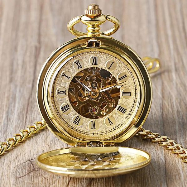 Relógios de bolso Full Gold Color Skeleton Smooth Pocket Watch Mão Vento Mecânico Numerais Romanos FOB Relógios Homens Duplo Relógio Aberto para Homens Mulheres 231208