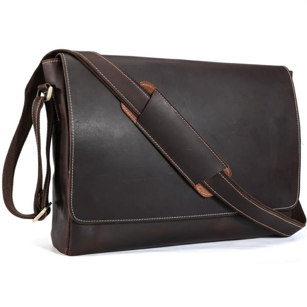 Handmade de couro genuíno de 15 polegadas bolsa de mensagens de laptop homens simples estilo vintage de ombro transversal ombro grande satchel 1153265r