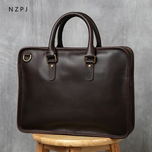 Aktentaschen NZPJ Retro Herren Aktentasche Leder Laptoptasche Oberschicht Rindsleder Casual Handtasche 14 Zoll Business Schulter Messenger 231208