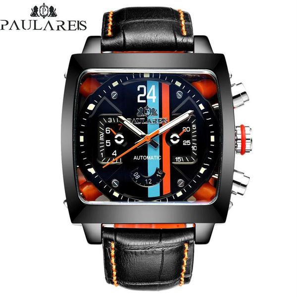 Automatico a carica automatica meccanico in vera pelle acciaio inossidabile nero arancione blu prospettiva casual vedere attraverso orologio da uomo Y1905210220v