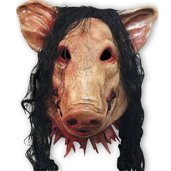 Maschere per feste Maschera di maiale Roanoke intera-spaventosa Adulti Full Face Animal Latex Halloween Horror Masquerade con capelli neri H-0061280V