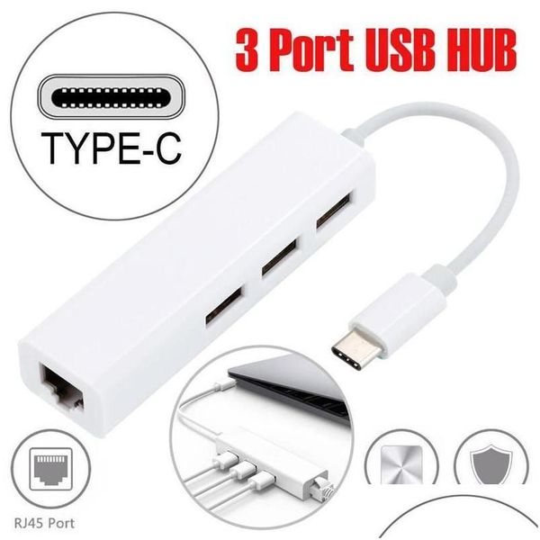 Hubs de rede USB3.1 Tipo-C para Rj45 Ethernet Placa de rede Lan Adaptador 3 Portas USB 3.1 Hub para Book Tablet Pc Phone Drop Delivery Comp Otqsb