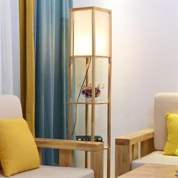 Moderna lampada da terra decorativa a LED in legno a soppalco Lampada da terra bianca nera con ripiano da tavolo per soggiorno domestico Bedr269r