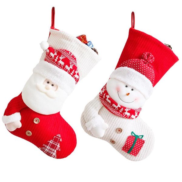 Grande vermelho branco malha meia de natal papai noel lareira decoração meias sacos de presente de natal doces titular decoração para casa