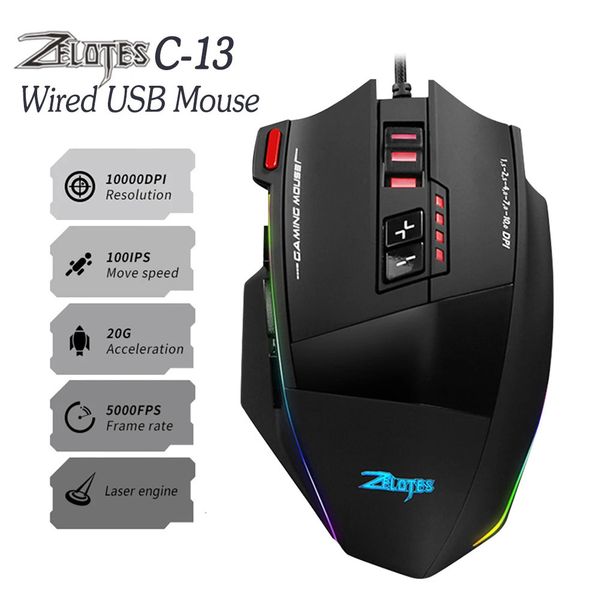 Fareler Zelotlar C-13 Kablolu USB 13 Düğme Fareleri 13 Programlanabilir Düğmeler 5 Seviye 10000dpi Ayarlanabilir RGB Optik Ergonomik Oyun Fare 231208