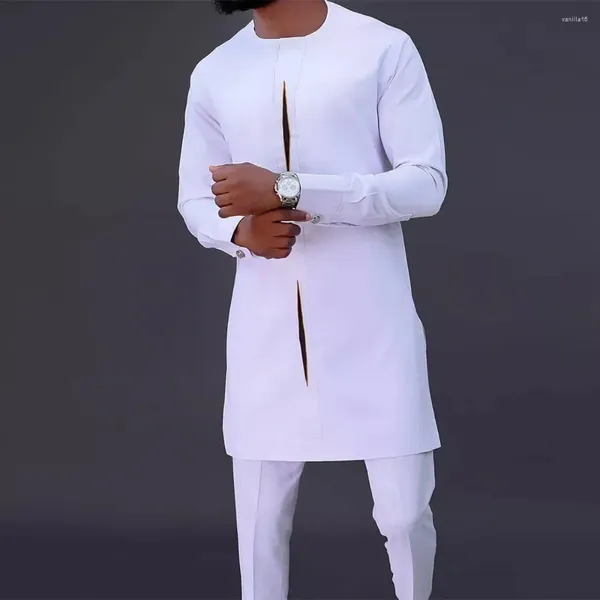 Tracksuits masculinos 2023 elegante terno top calças conjunto de 2 peças cor sólida em torno do pescoço bordado manga longa festa estilo étnico africano