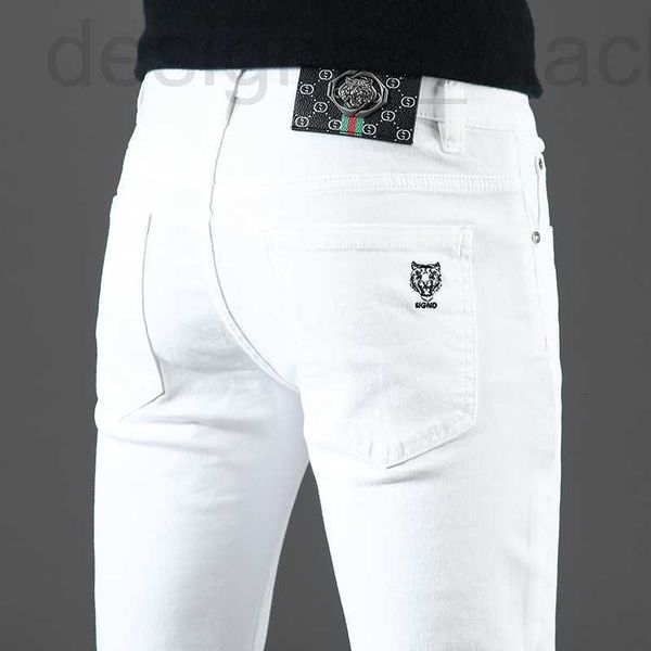 Jeans masculinos designer jeans primavera novo guangzhou xintang algodão salto coreano pés pequenos slim fit high end europeu preto e branco lo fu tau lqaa