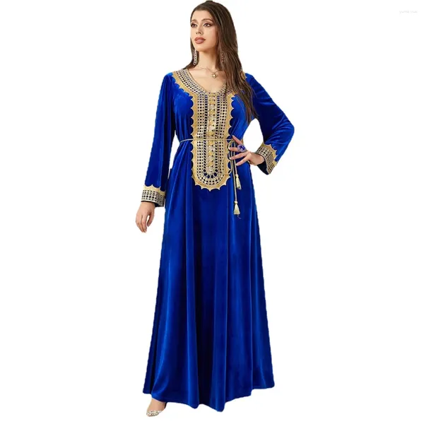 Roupas étnicas Zigui Luxuoso Mulheres Vestidos de Noite Bordado Adequado Casamento Formal Itália Dubai Luxo Abaya Azul Veludo Muçulmano