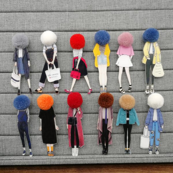 Pins Broches 12pcs Moda Broche Pins para Mulher Broches Meninas Modelos de Desenhos Animados Broches Acrílicos Kawaii Pompom Roupas Acessórios de Jóias 231208