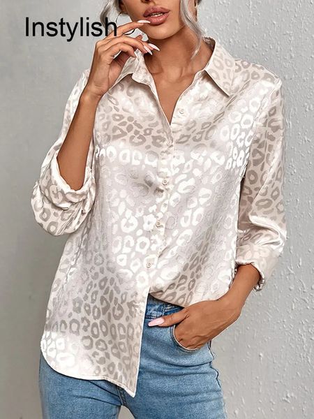 Blusas femininas elegantes com estampa de leopardo camisa solta primavera/verão manga comprida cetim gola virada camisa escritório feminino luxo solto top extra grande sintonizado 231209