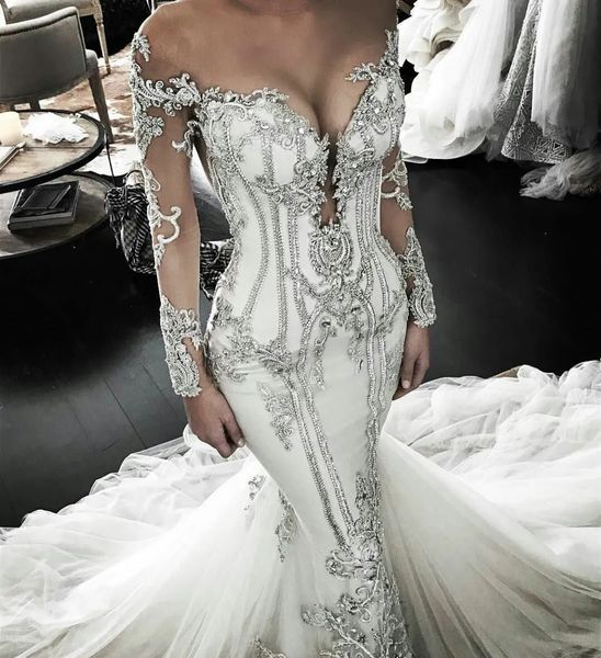 Свадебные платья русалки с длинным рукавом, роскошные роскошные свадебные платья с кристаллами и бисером, свадебное платье больших размеров с скользящим шлейфом и прозрачным вырезом с драгоценными камнями, Vestido De Novia